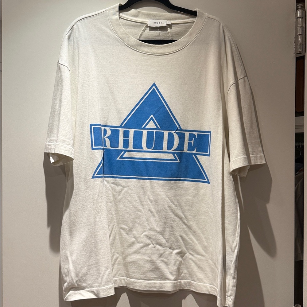 Rhude Cream Tee with Blue Triangle Logo